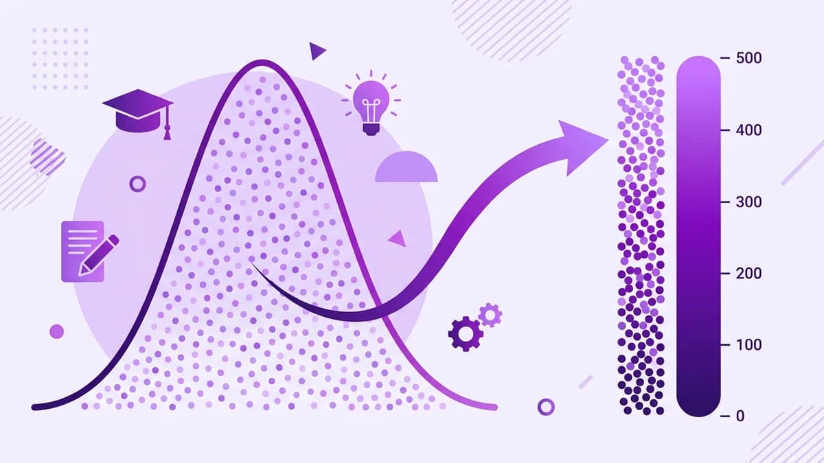 Ilustración abstracta de una curva estadística transformándose en una escala de puntaje en tonos morados