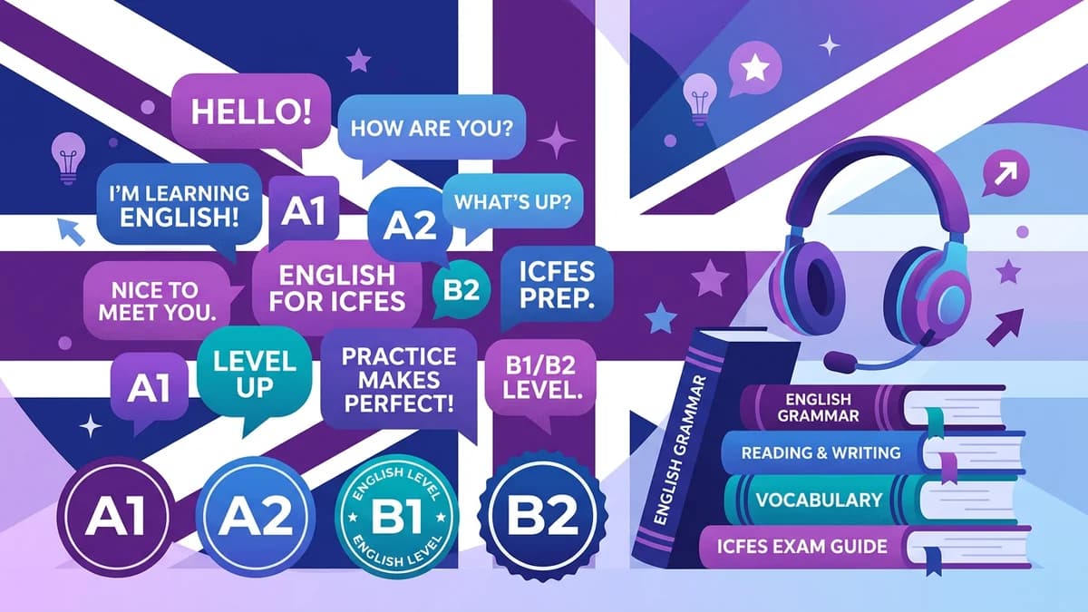 Burbujas de diálogo multilingüe con fragmentos en inglés y una barra de progreso A1 a B2 en tonos morados