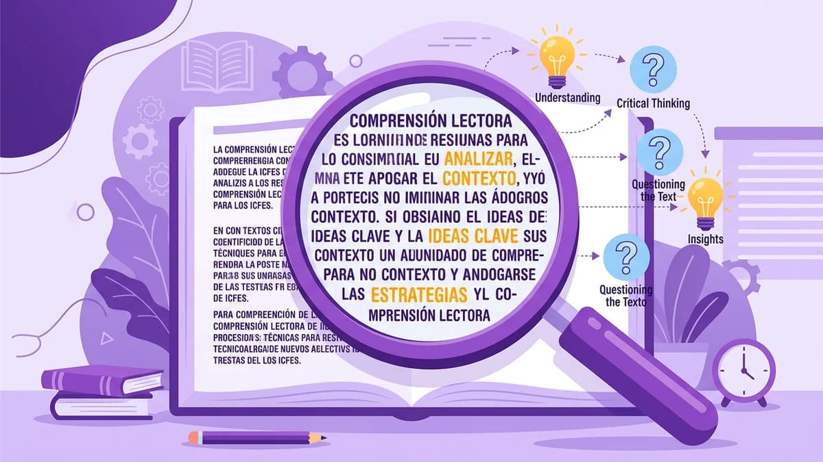 Libro abierto con líneas de texto ascendiendo en forma de bombillas de ideas y una lupa en tonos morados