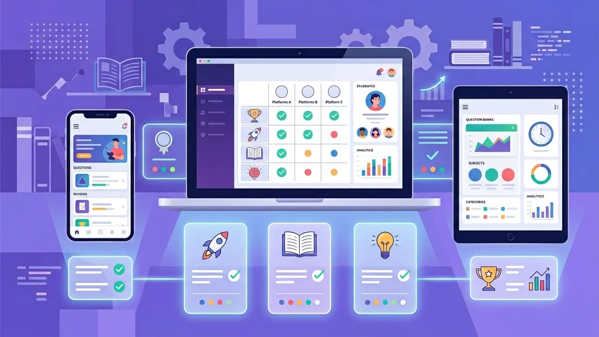 Ilustración de múltiples dispositivos mostrando interfaces de estudio con marcas de comparación en tonos morados y azules