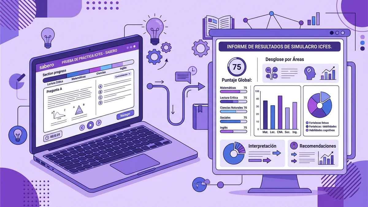 Pantalla de computador mostrando interfaz de simulacro con gráfico de resultados y marcas de aciertos en tonos morados